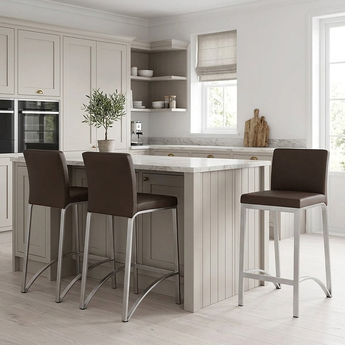 Tabouret Cuir Chrome Brossé - Leah Marron 
