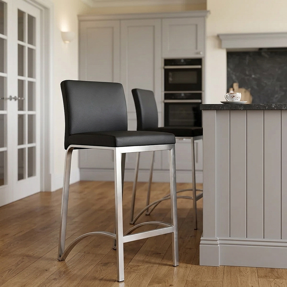Tabouret Faux Cuir Chrome Brossé - Leah Noir 