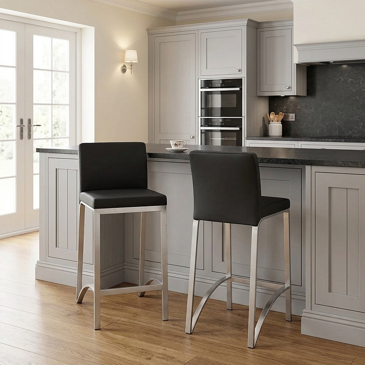 Tabouret Faux Cuir Chrome Brossé - Leah Noir 