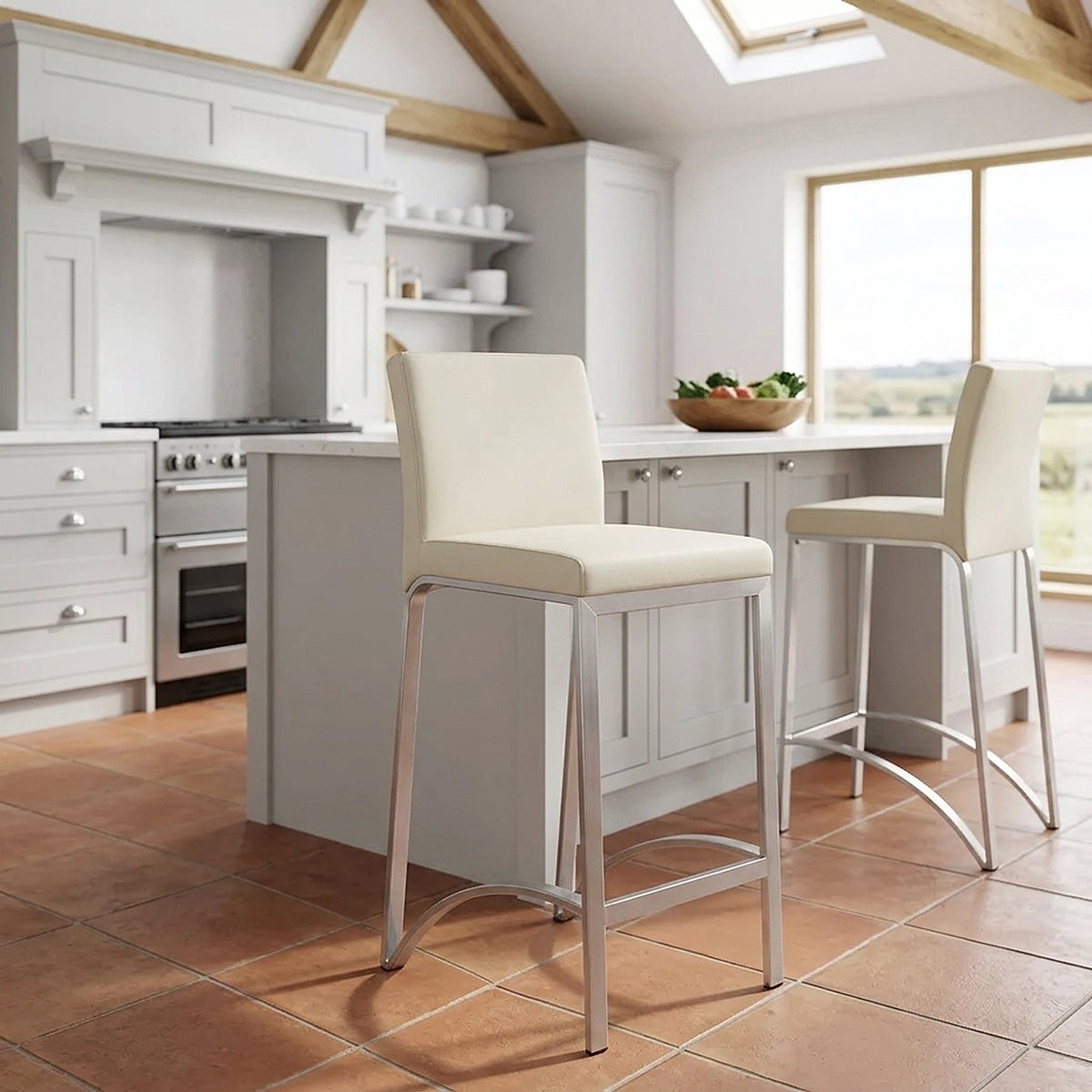 Tabouret Faux Cuir Chrome Brossé - Leah Crème 