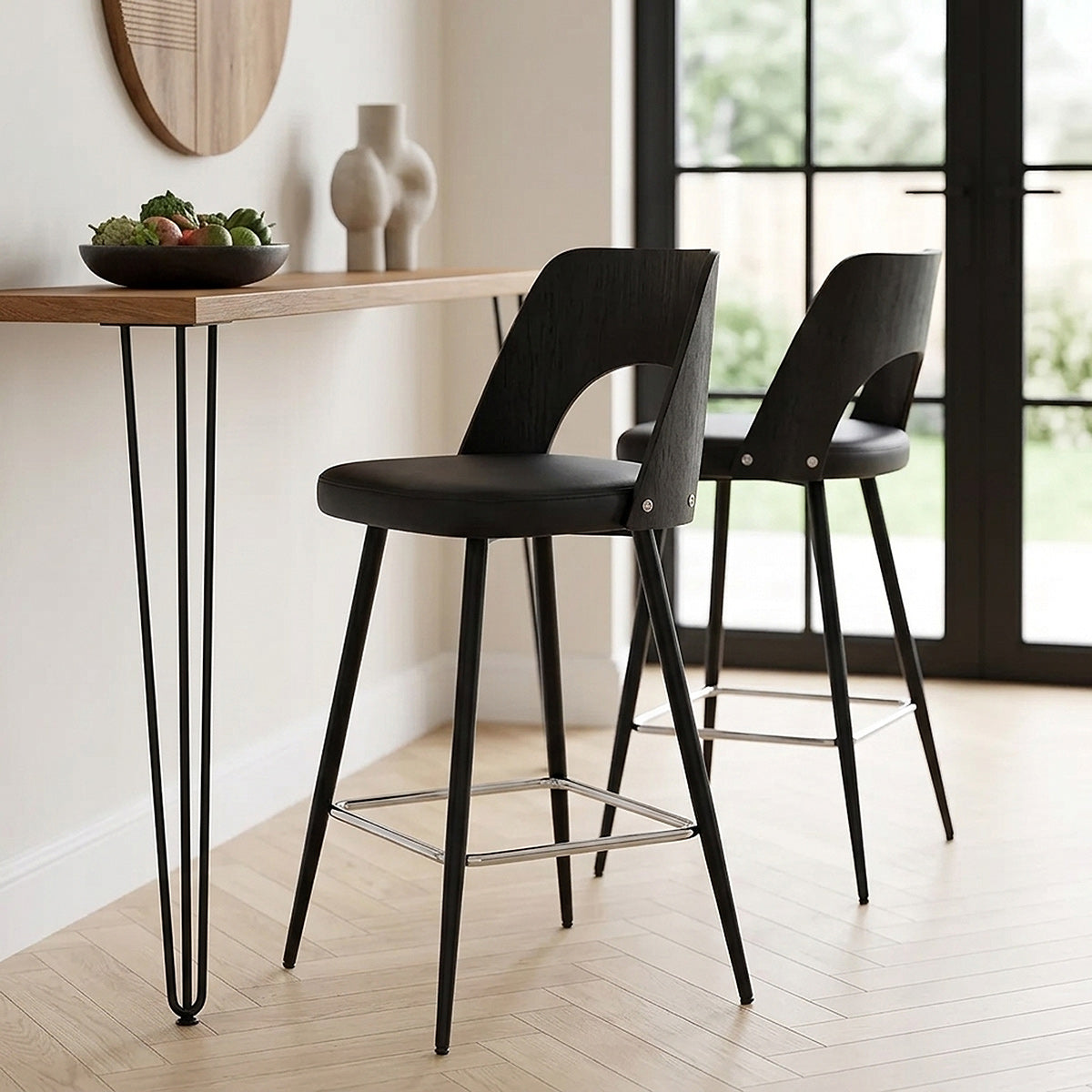 Tabouret Bois Noir et Faux Cuir - Leo Noir 