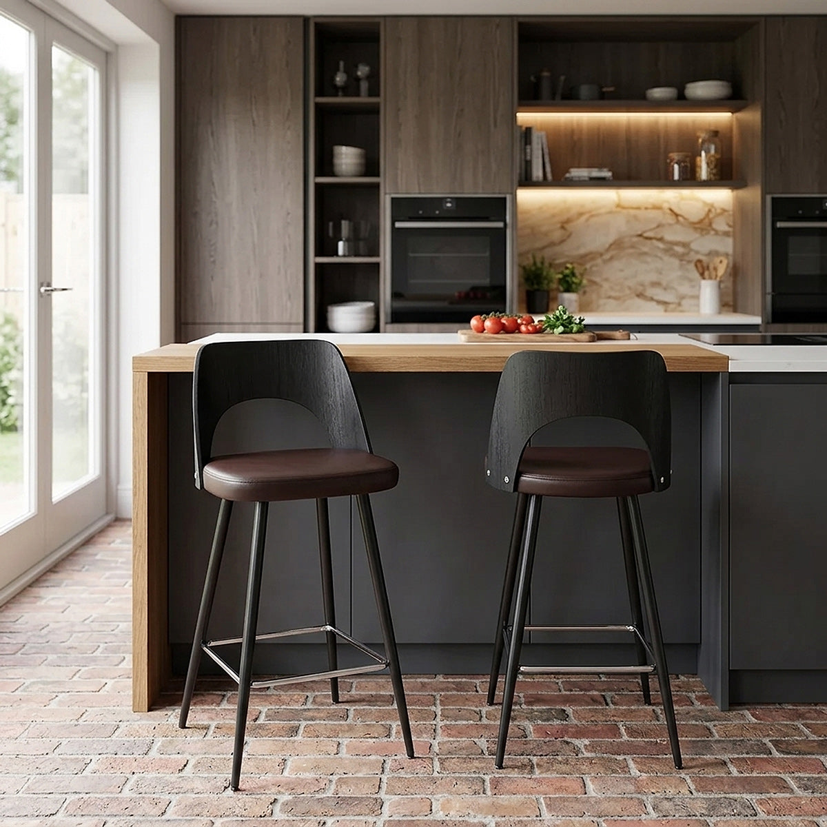 Tabouret Bois Noir et Faux Cuir - Leo Marron 