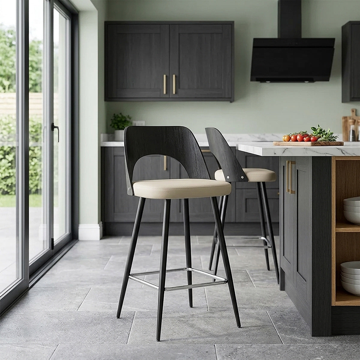 Tabouret Bois Noir et Faux Cuir - Leo Crème 