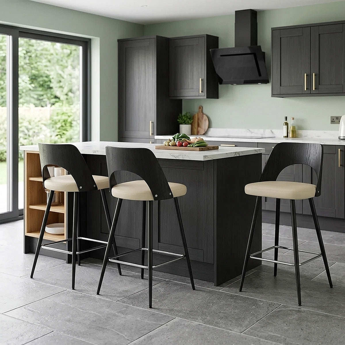Tabouret Bois Noir et Faux Cuir - Leo Crème 