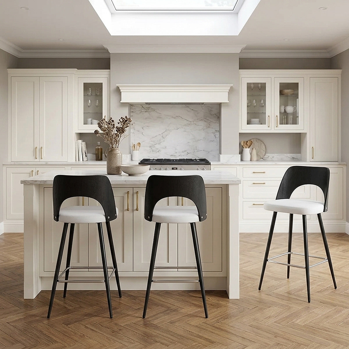 Tabouret Bois Noir et Faux Cuir - Leo Blanc 