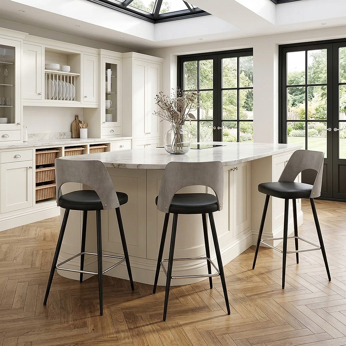 Tabouret Bois Gris et Faux Cuir - Leo Noir 