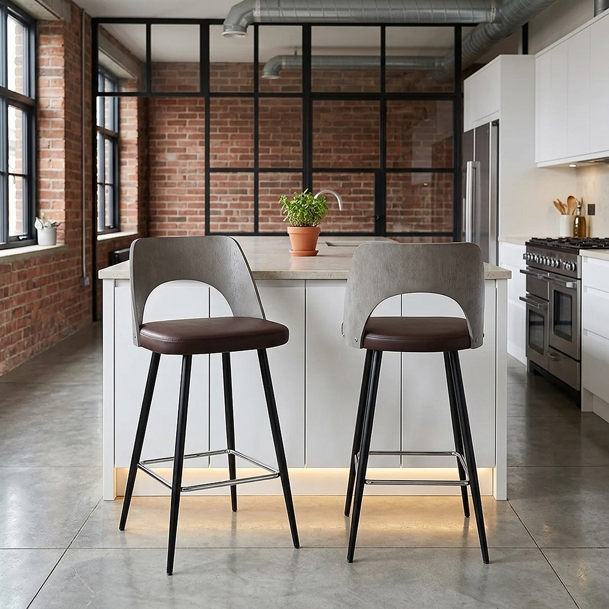 Tabouret Bois Gris et Faux Cuir - Leo Marron 