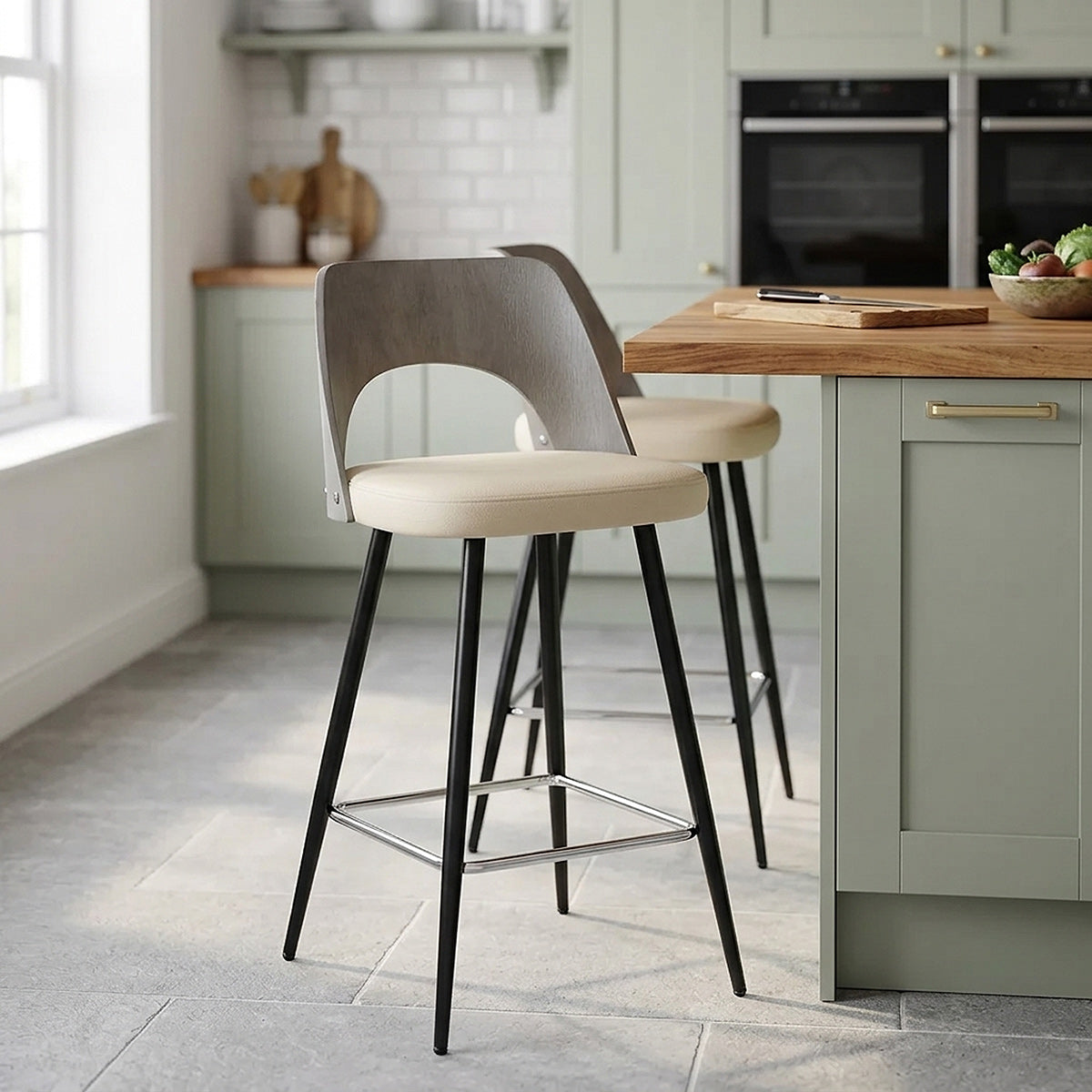 Tabouret Bois Gris et Faux Cuir - Leo Crème 
