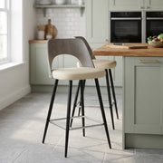 Tabouret Bois Gris et Faux Cuir - Leo Crème 