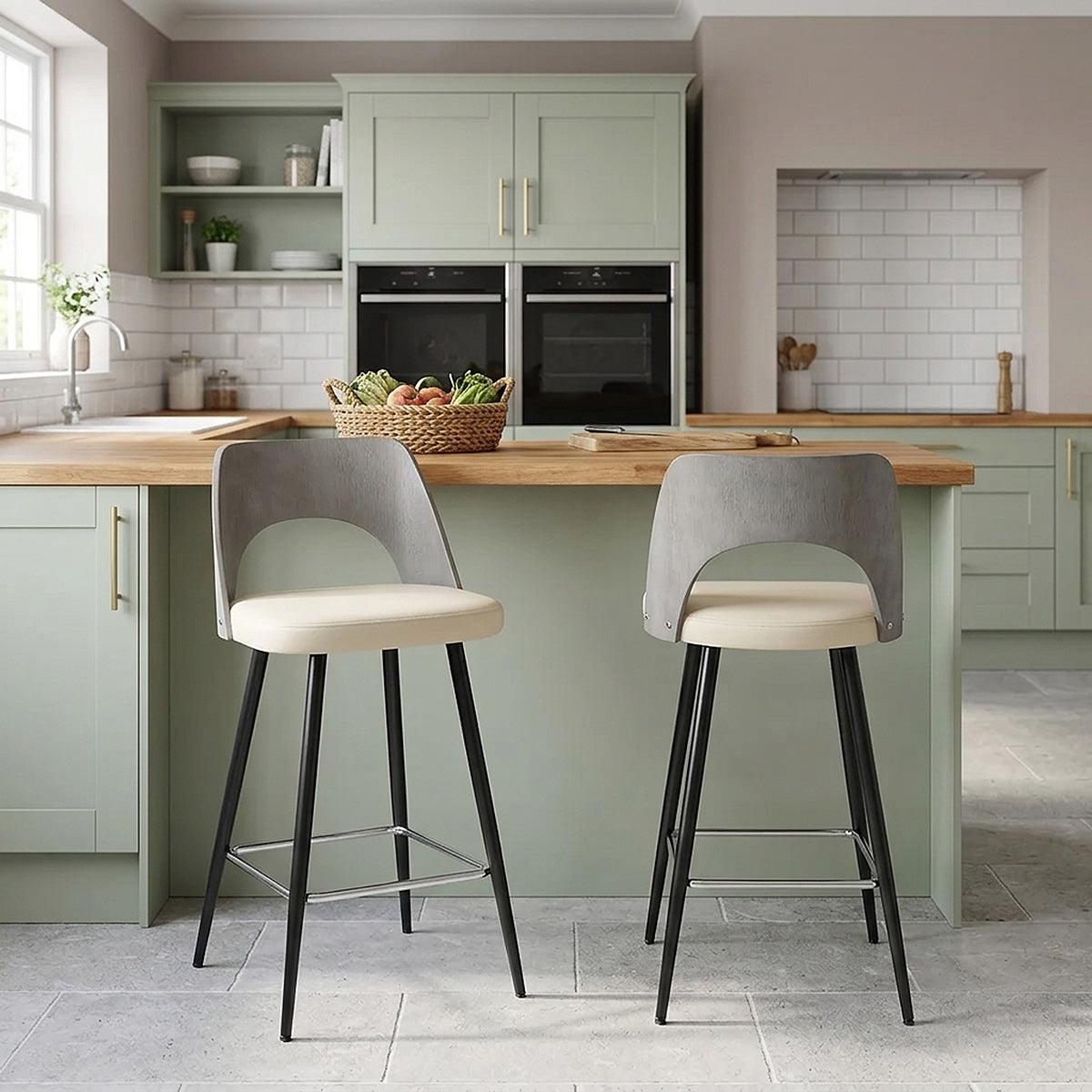 Tabouret Bois Gris et Faux Cuir - Leo Crème 