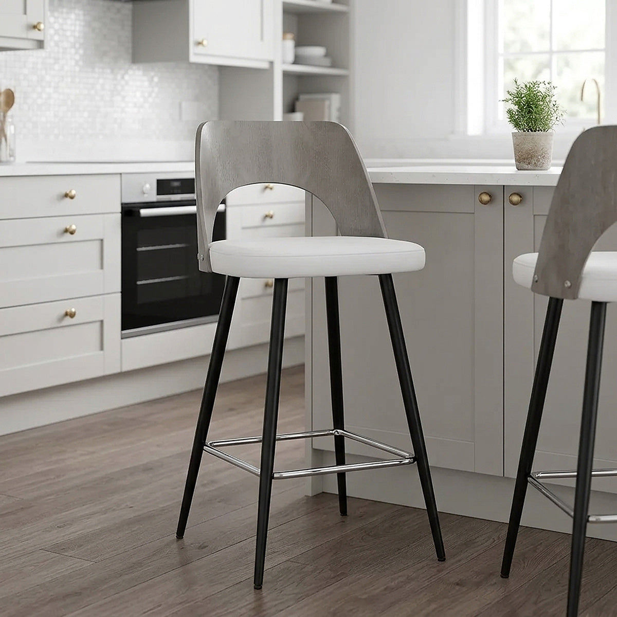 Tabouret Bois Gris et Faux Cuir - Leo Blanc 