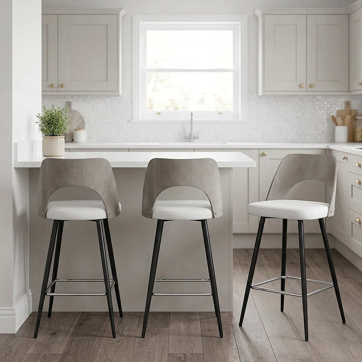 Tabouret Bois Gris et Faux Cuir - Leo Blanc 