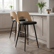 Tabouret Chêne et Faux Cuir - Leo Noir 