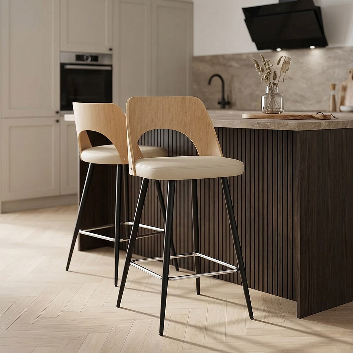 Tabouret Chêne et Faux Cuir - Leo Crème 