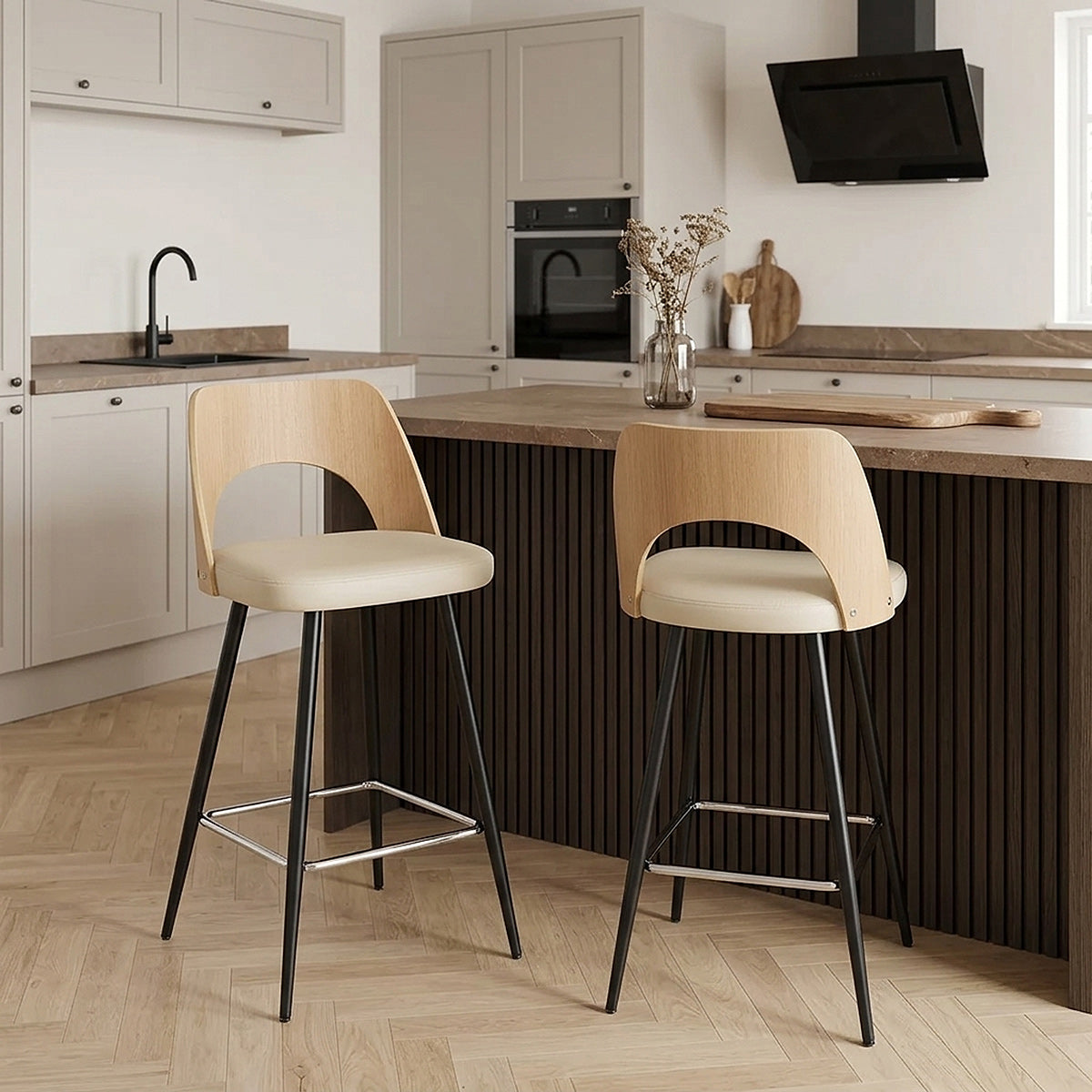 Tabouret Chêne et Faux Cuir - Leo Crème 