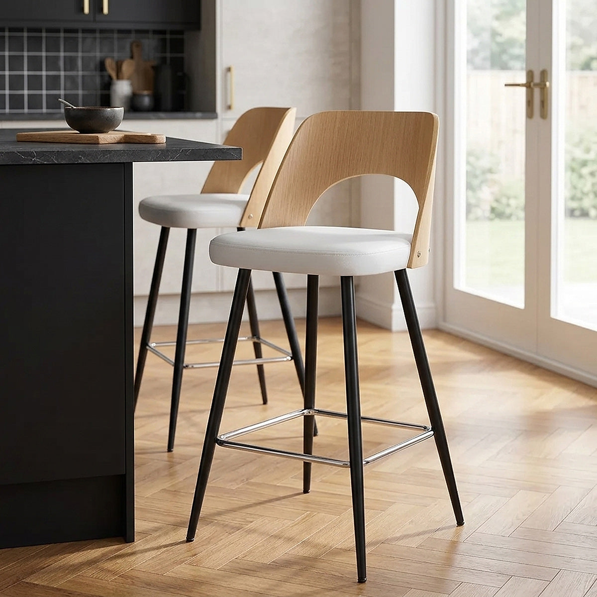 Tabouret Chêne et Faux Cuir - Leo Blanc 