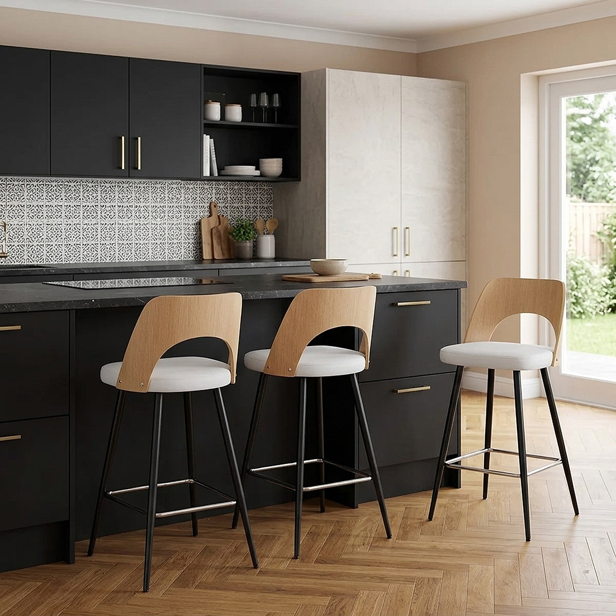 Tabouret Chêne et Faux Cuir - Leo Blanc 