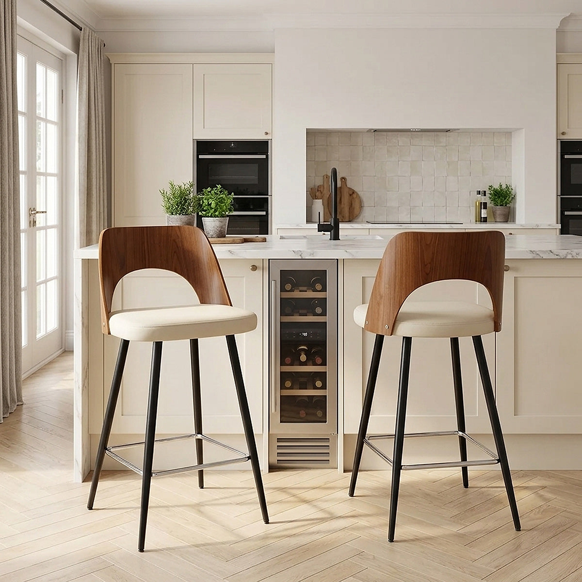 Tabouret Noyer et Faux Cuir - Leo Crème 