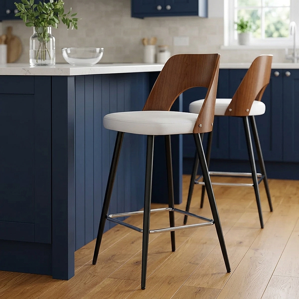 Tabouret Noyer et Faux Cuir - Leo Blanc 