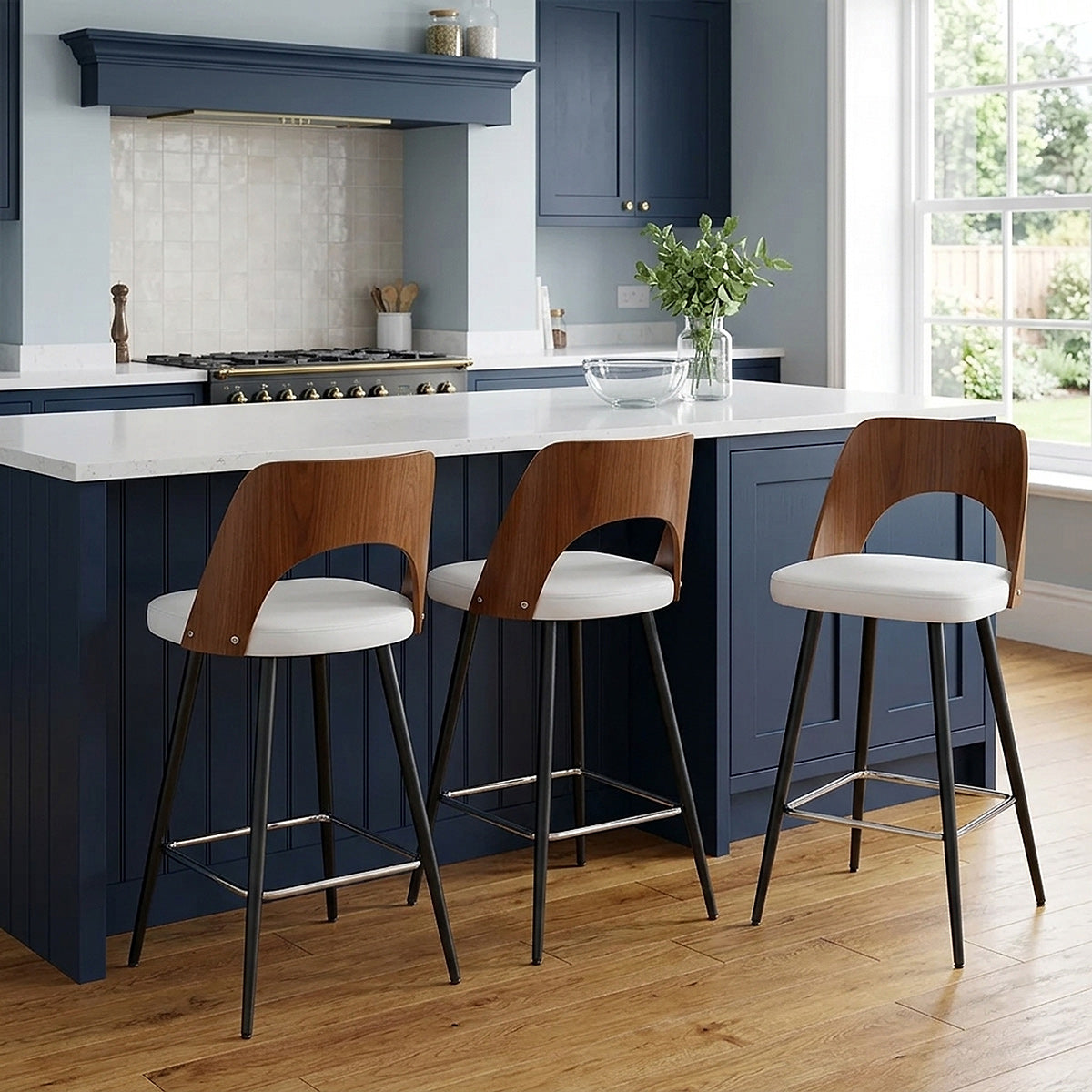 Tabouret Noyer et Faux Cuir - Leo Blanc 