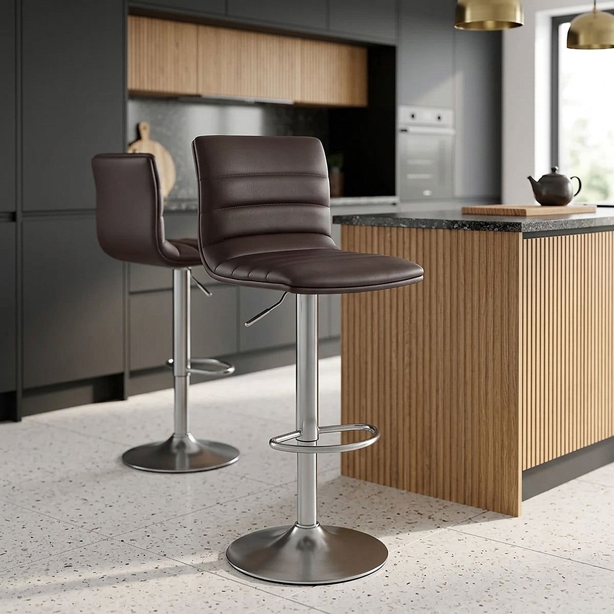 Chaise de Bar Faux Cuir Chrome Brossé - Linear Marron 
