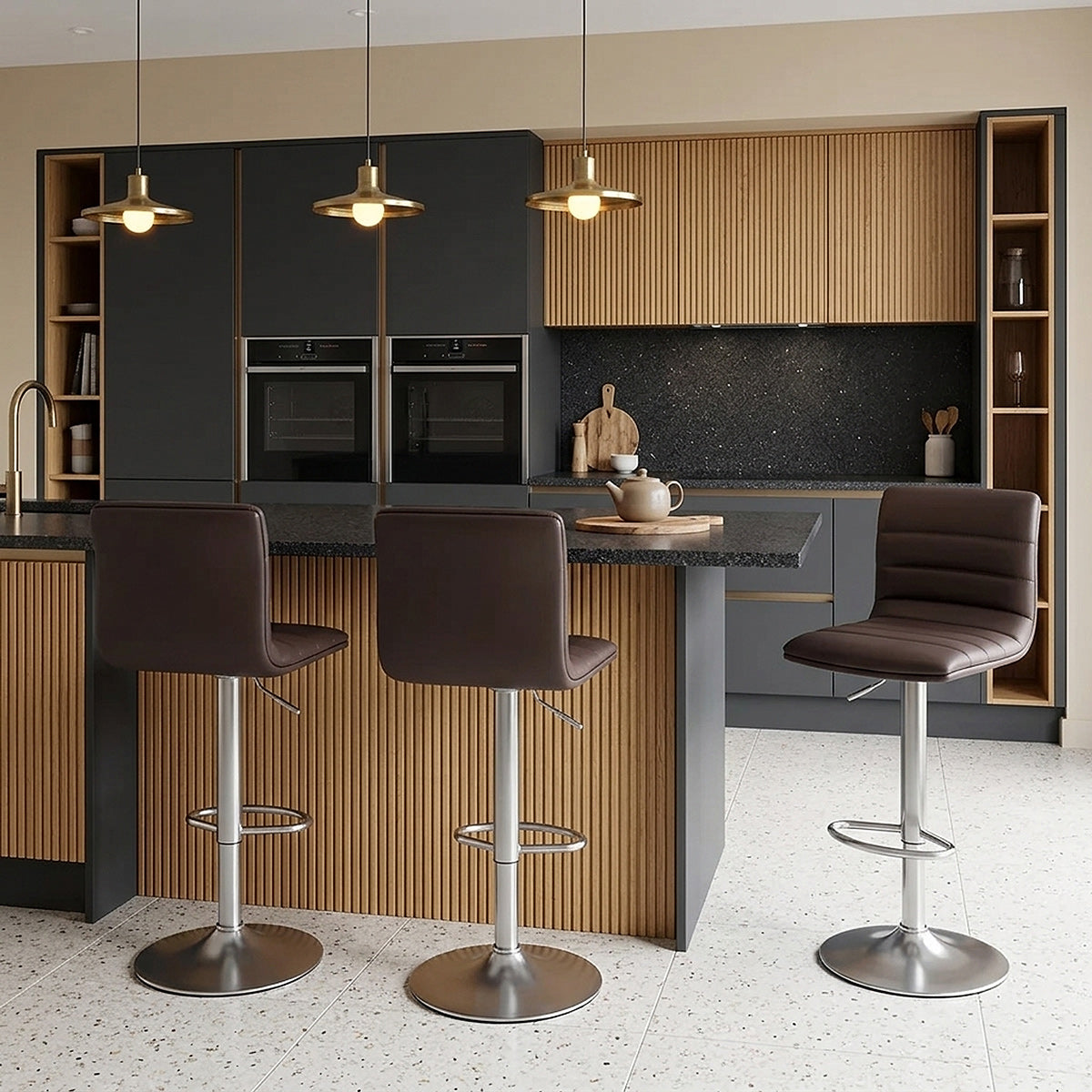 Chaise de Bar Faux Cuir Chrome Brossé - Linear Marron 