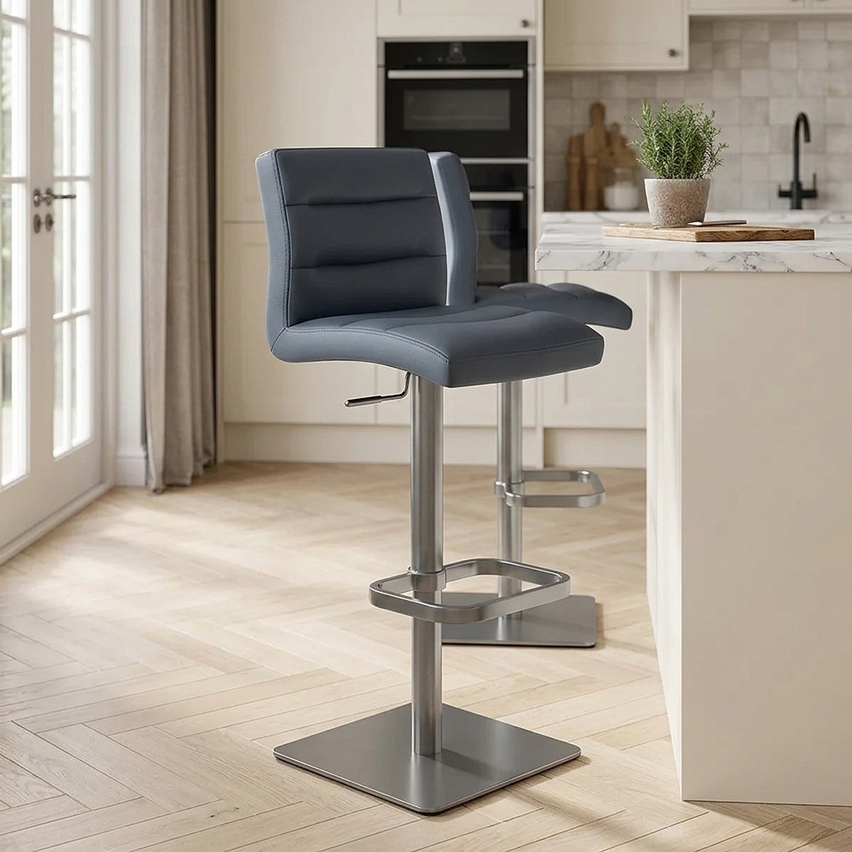 Chaise de Bar Cuir Chrome Brossé Graphite - Lush Bleu 