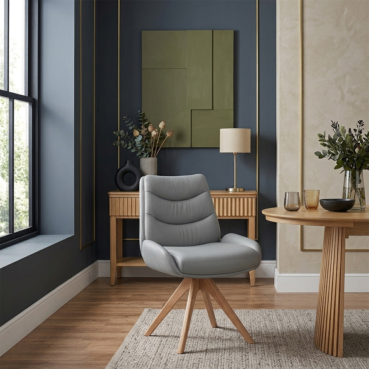 Chaise Bois Cuir Véritable - Madrid Gris