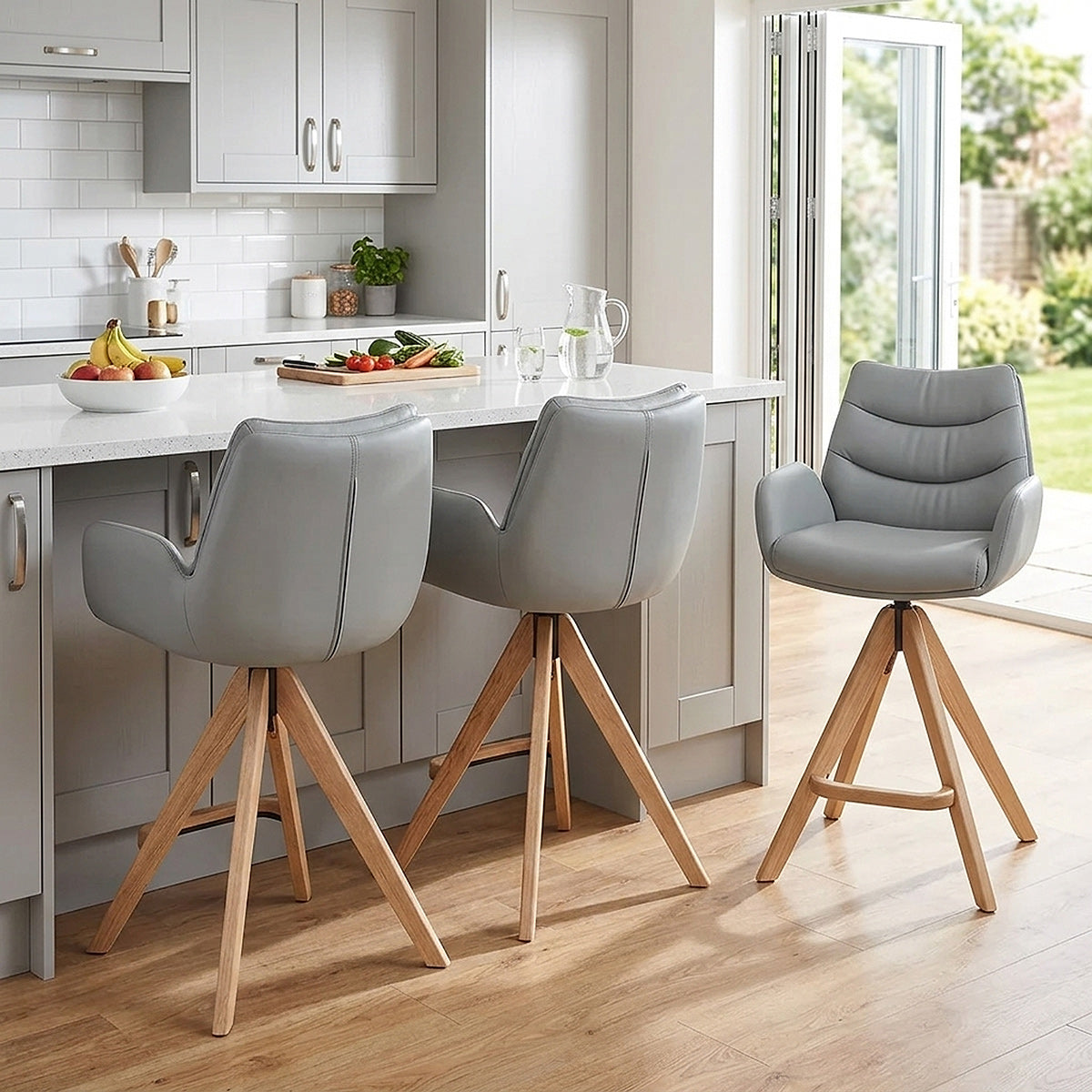 Tabouret de Bar Bois Cuir Veritable - Madrid Gris