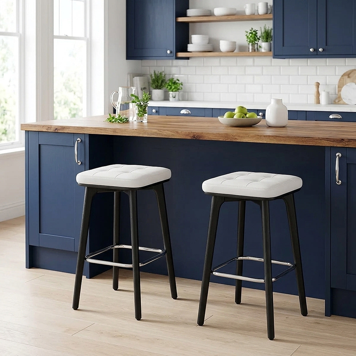 Tabouret Faux Cuir Bois Noir - Malmo Blanc 