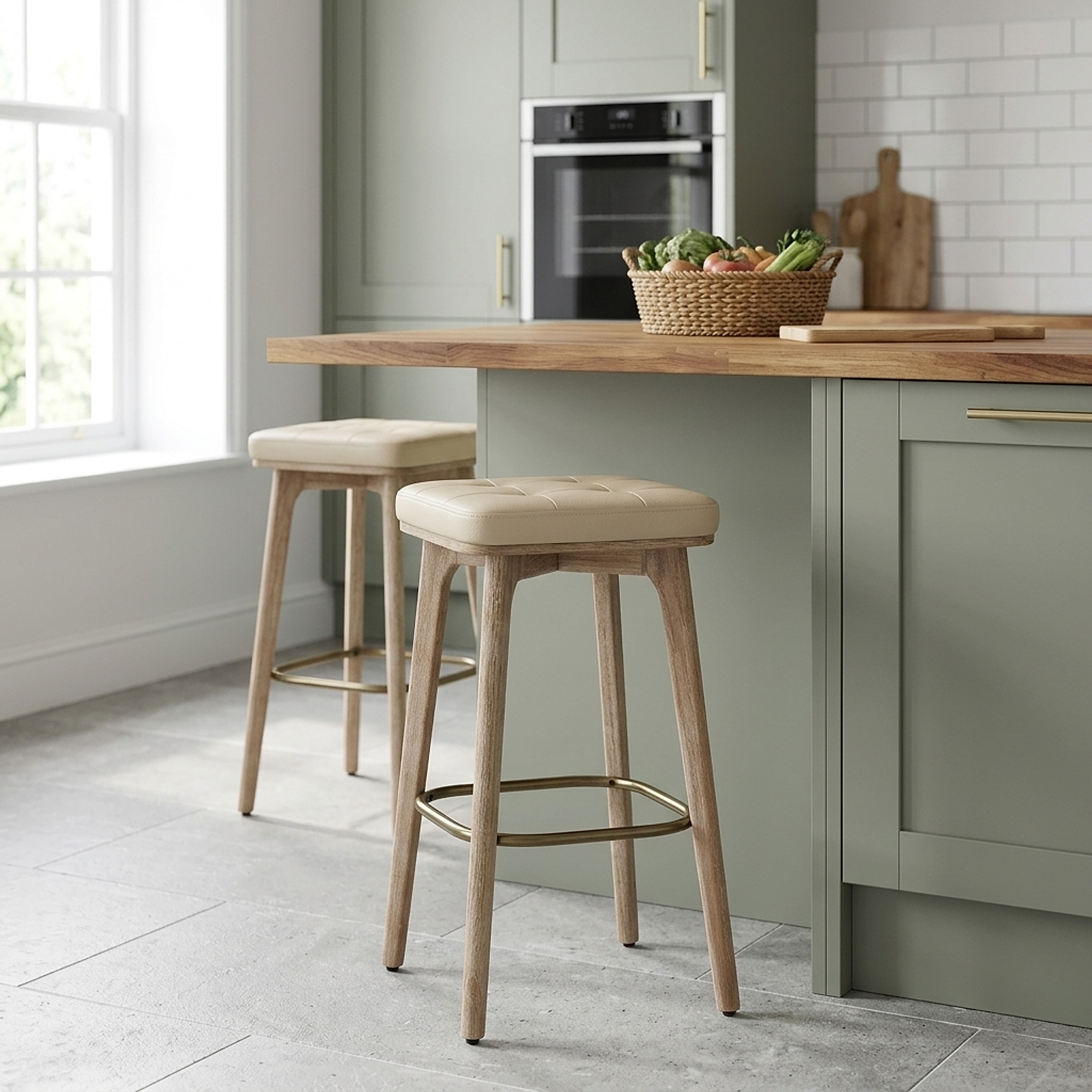 Tabouret Faux Cuir Bois - Malmo Crème 