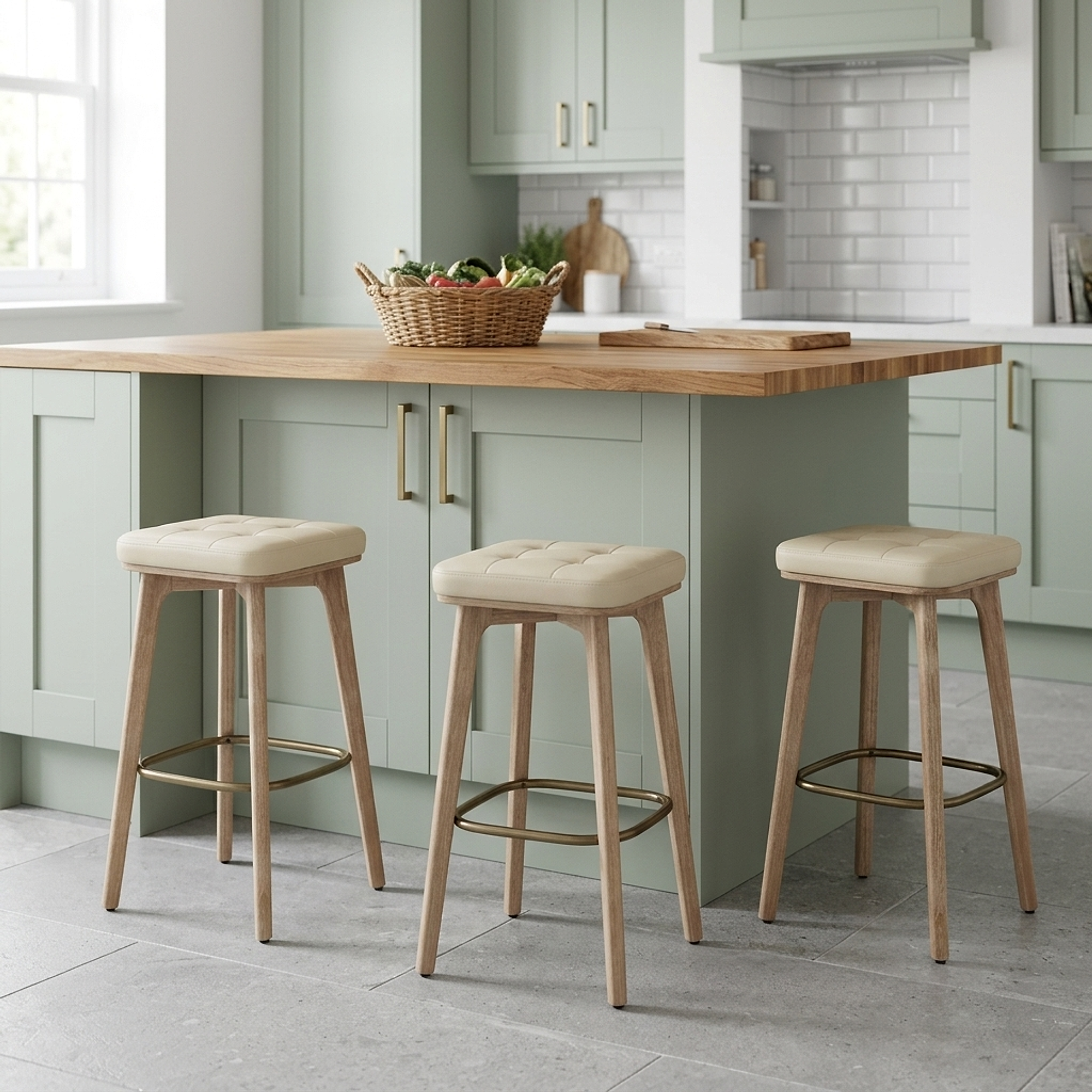 Tabouret Faux Cuir Bois - Malmo Crème 