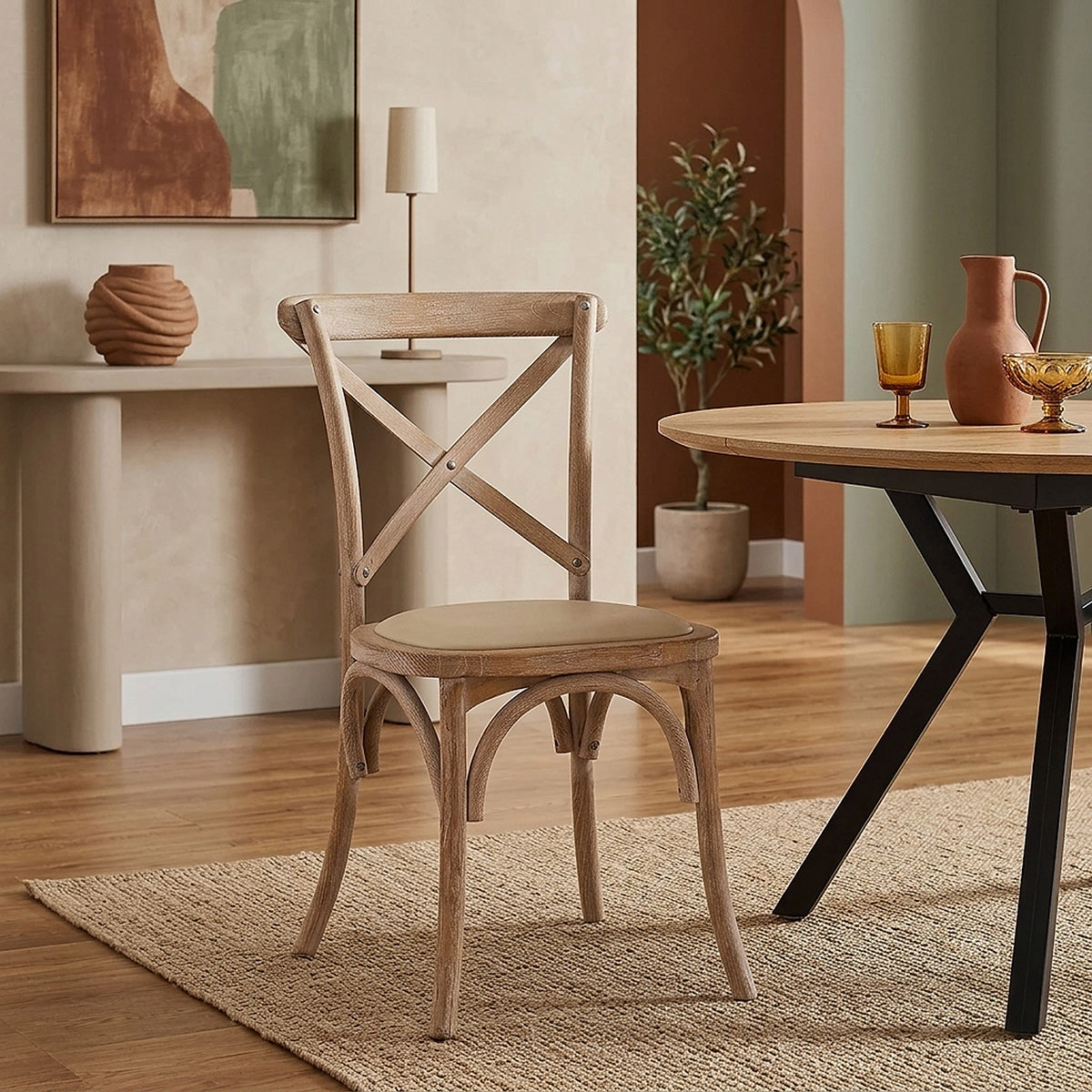 Chaise Bois Cuir Véritable - Marcel Crème