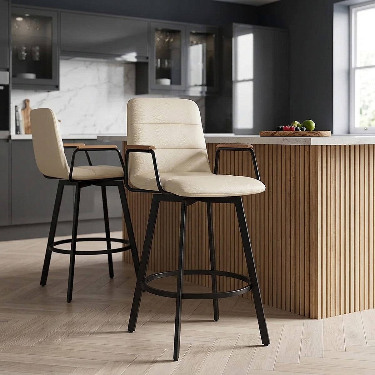 Tabouret Faux Cuir Chene - Marco Crème 