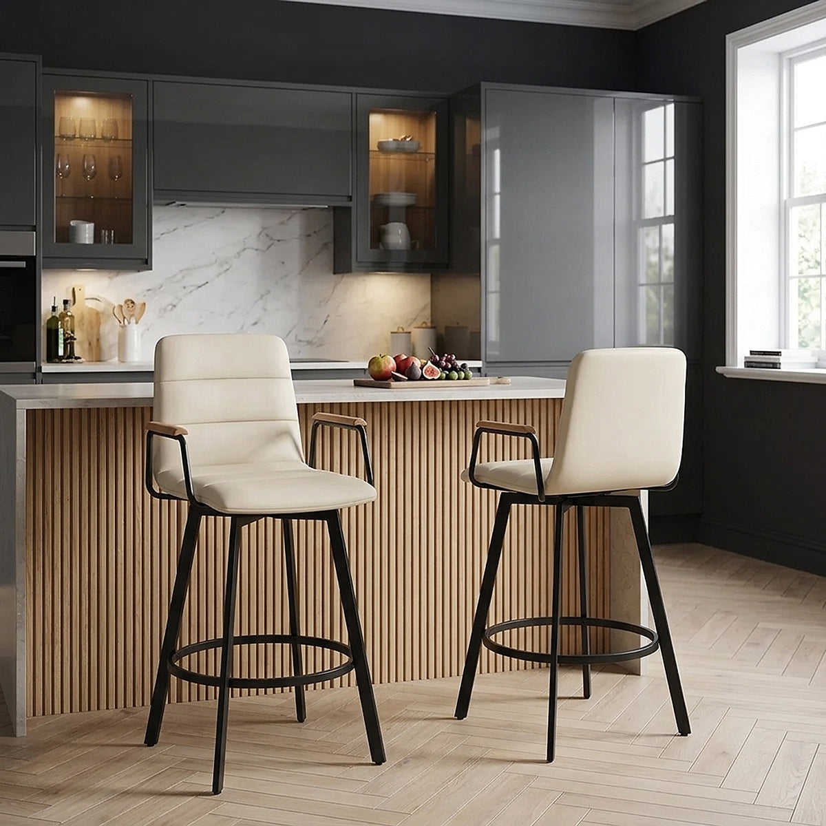 Tabouret Faux Cuir Chene - Marco Crème 