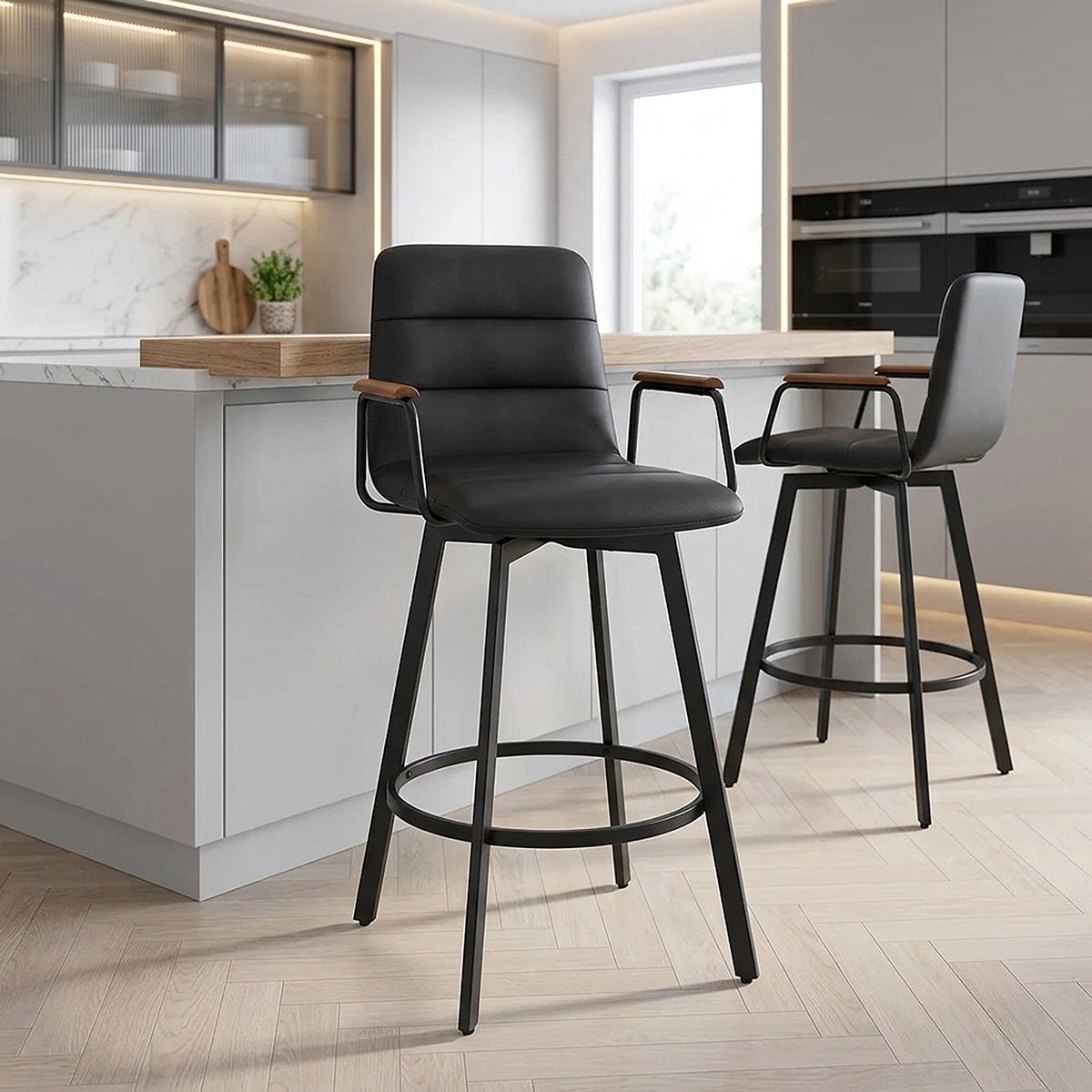 Tabouret Faux Cuir Bois - Marco Noir