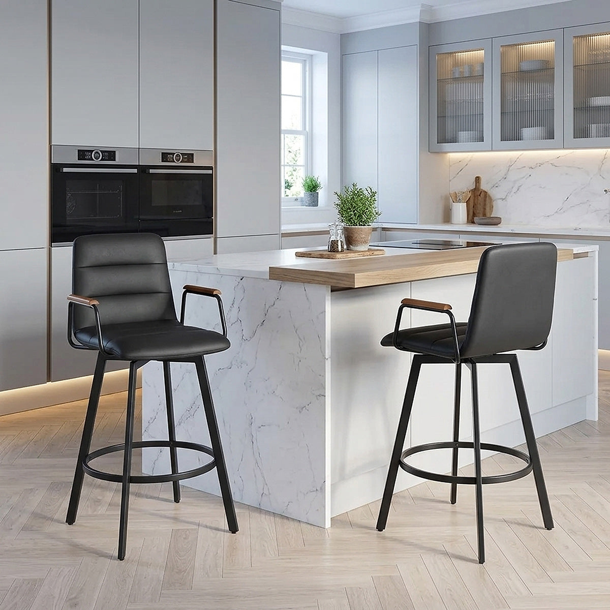 Tabouret Faux Cuir Bois - Marco Noir