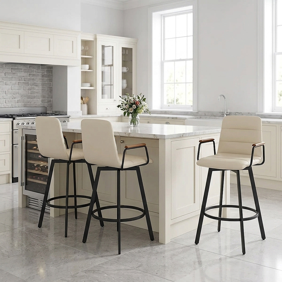 Tabouret Faux Cuir Bois - Marco Crème