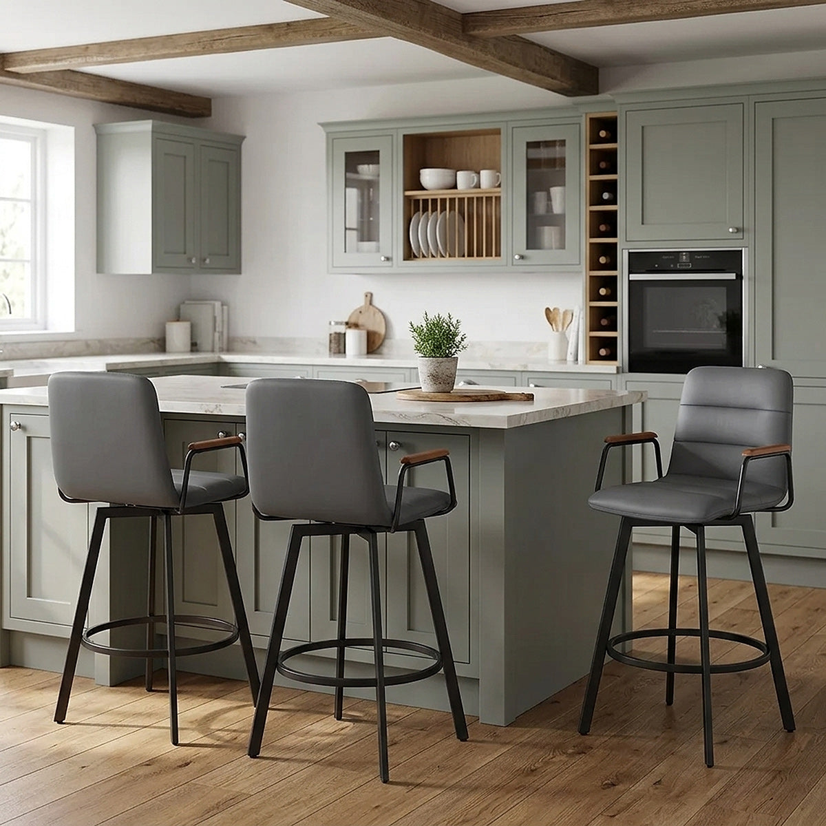 Tabouret Faux Cuir Bois - Marco Gris
