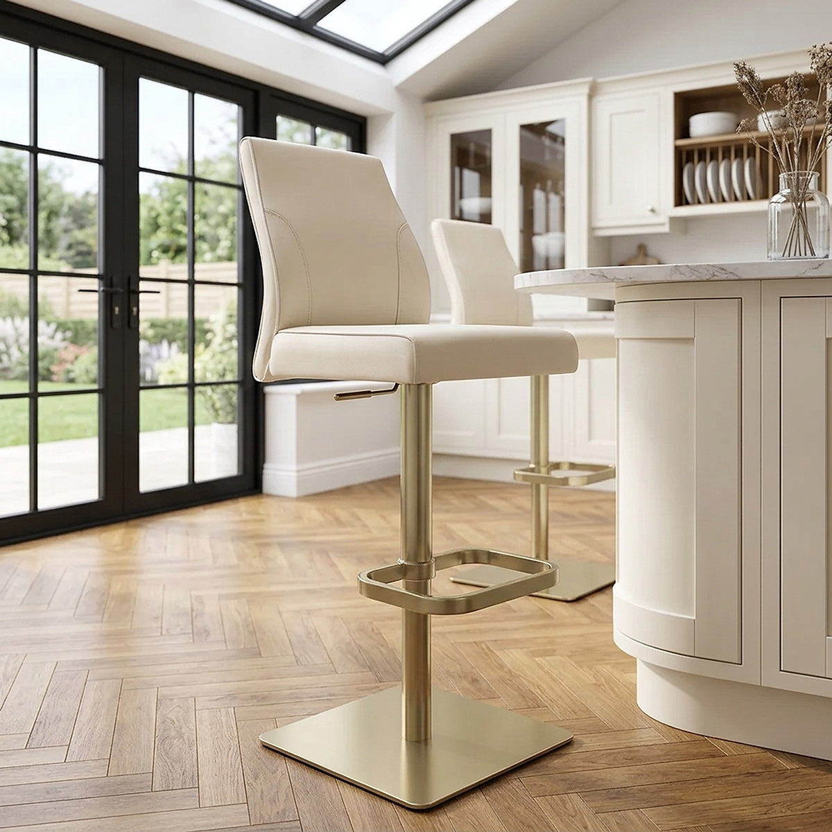 Tabouret de Bar Doré Cuir Véritable - Martello Crème