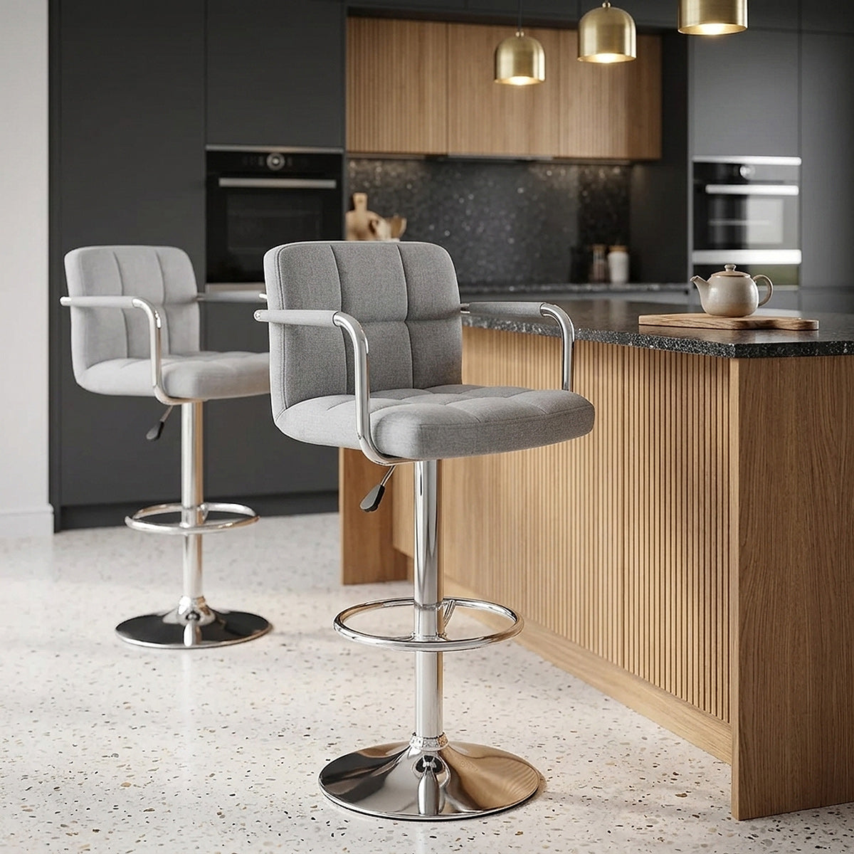 Chaise de Bar Chrome Tissu - Maze Gris 