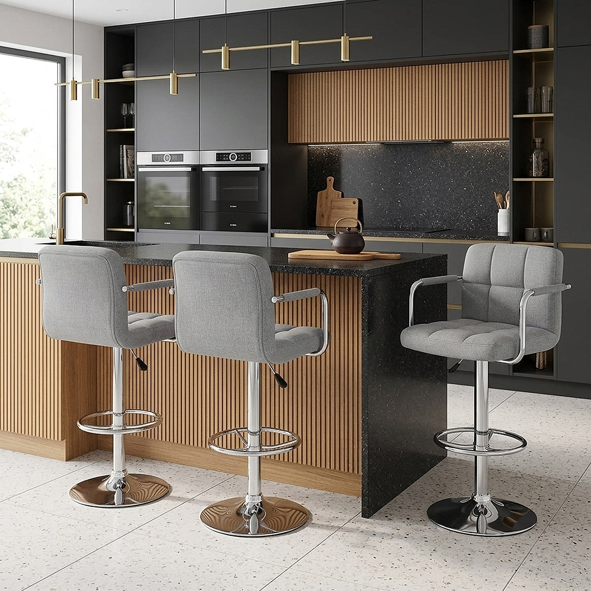 Chaise de Bar Chrome Tissu - Maze Gris 