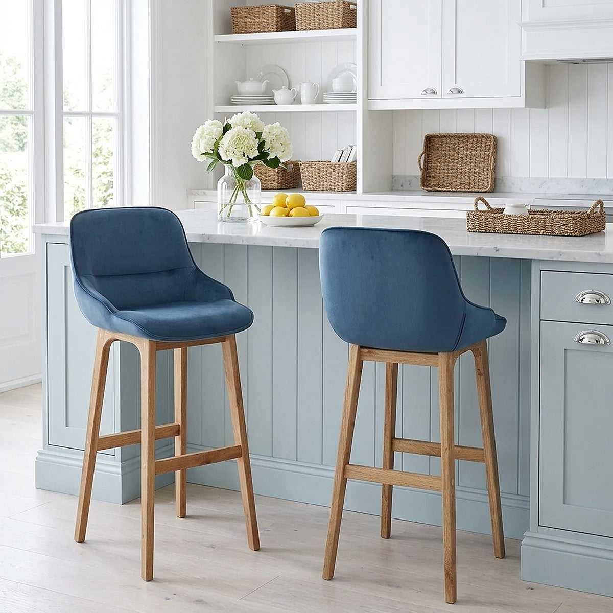 Chaise de Bar Bois Velours - Miami Bleu 