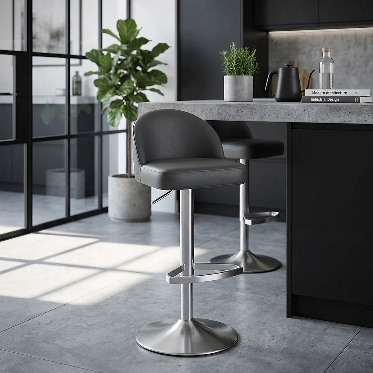 Chaise de Bar Cuir Chrome Brossé - Mimi Gris 