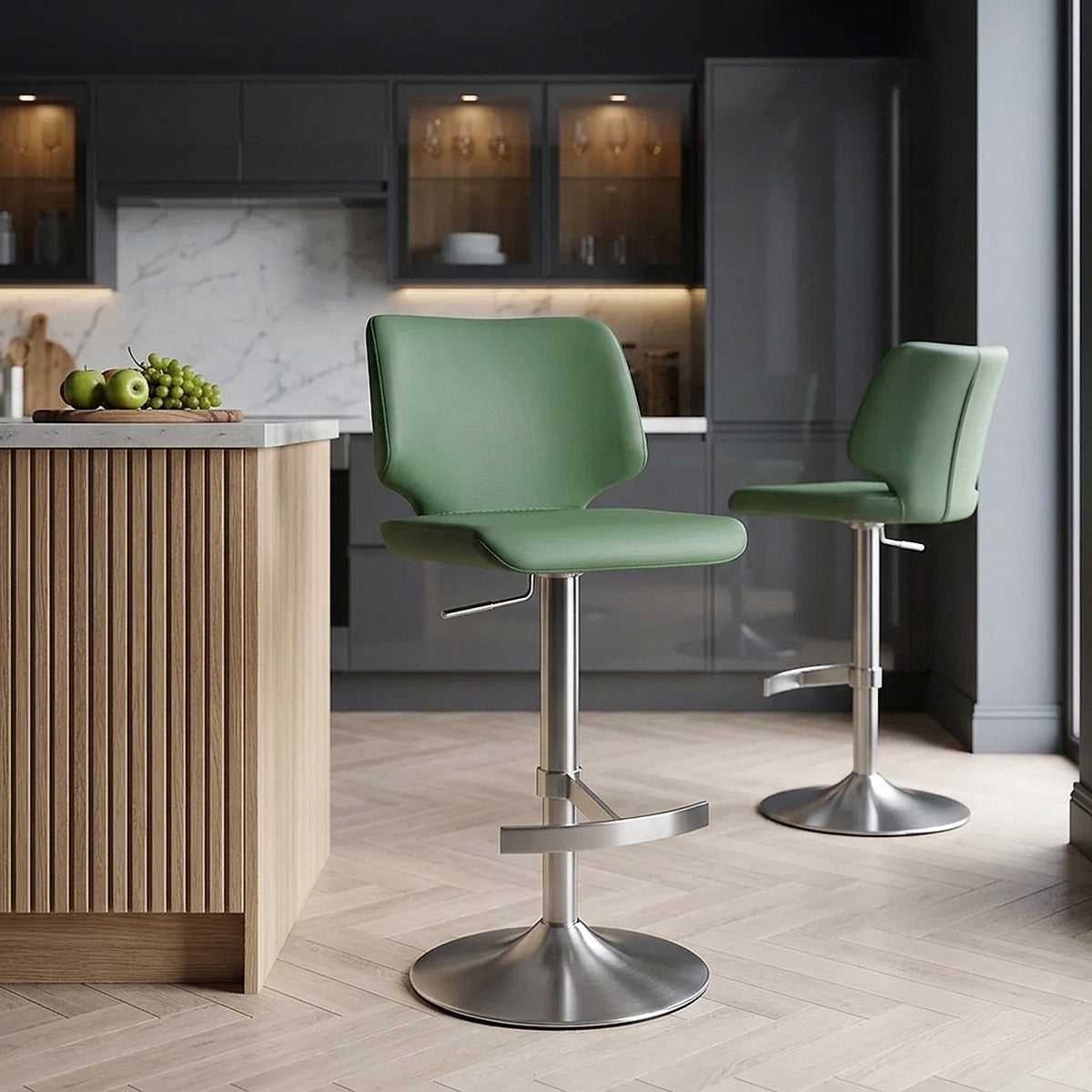 Tabouret de Bar Faux Cuir Chrome Brossé - Mode Vert 