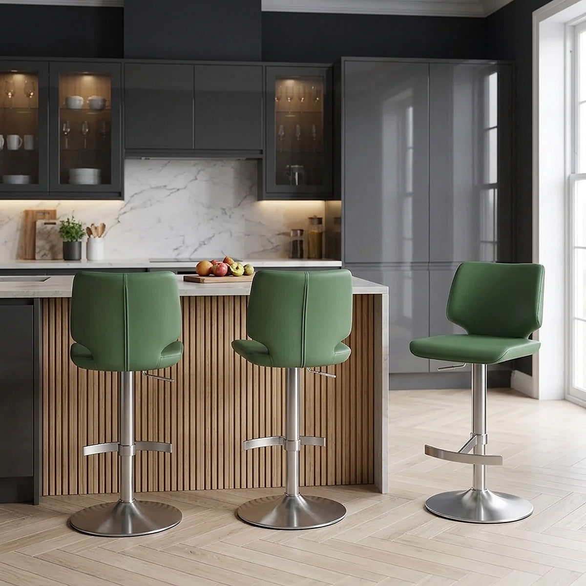 Tabouret de Bar Faux Cuir Chrome Brossé - Mode Vert 
