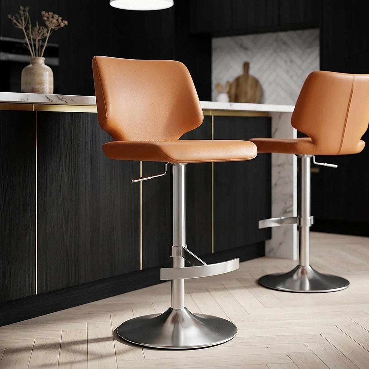 Tabouret de Bar Faux Cuir Chrome Brossé - Mode Orange 