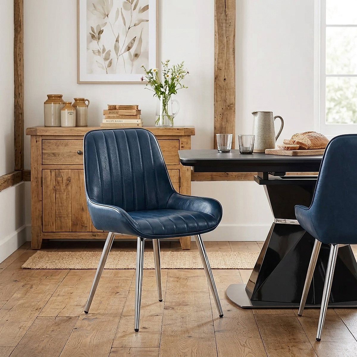 Chaise Chrome Faux Cuir - Mustang Bleu 