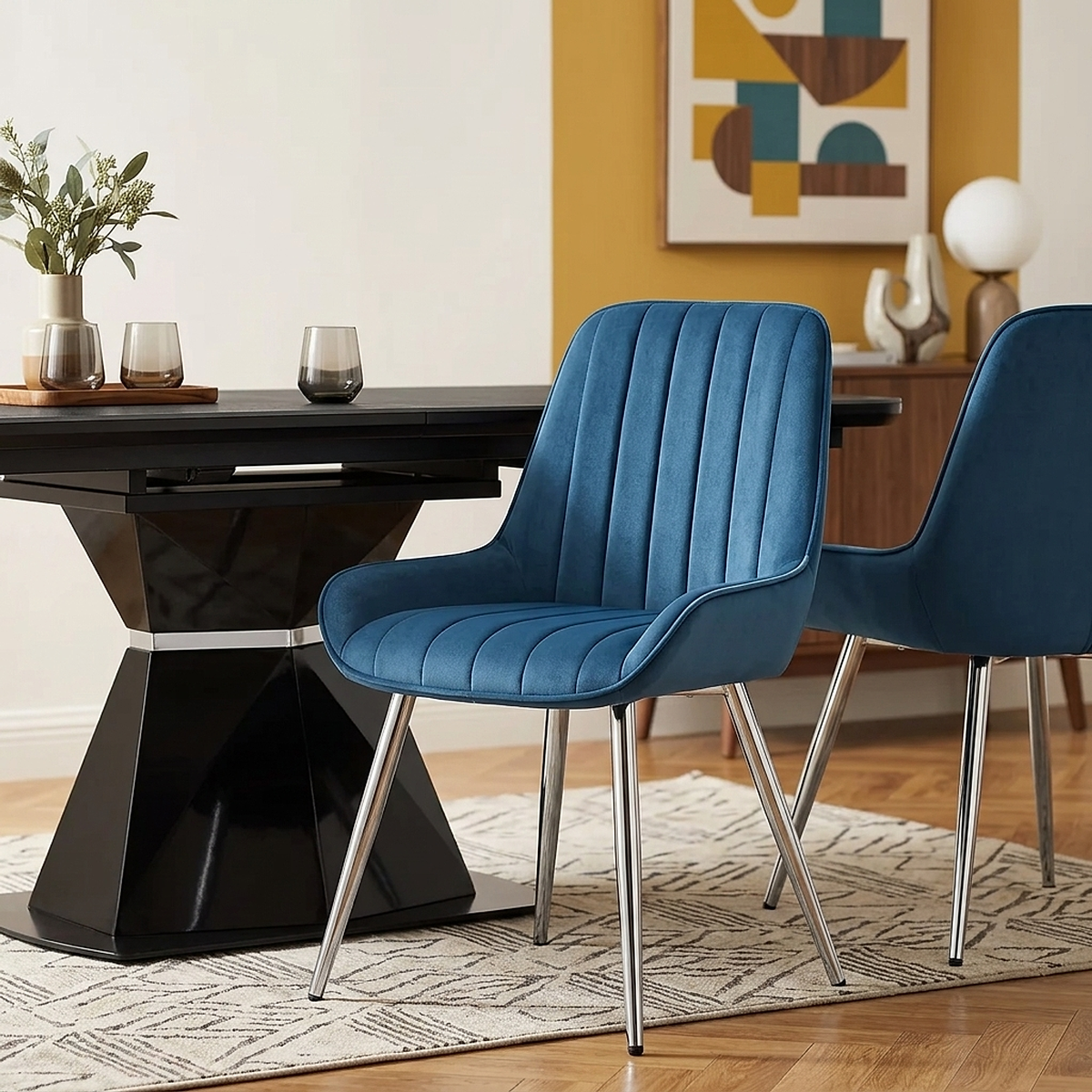 Chaise Chrome Velours - Mustang Bleu Foncé 