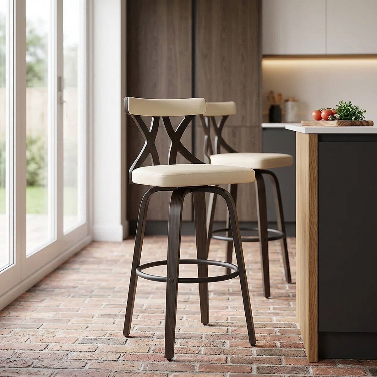 Tabouret de Bar Faux Cuir Bois - Nash Crème